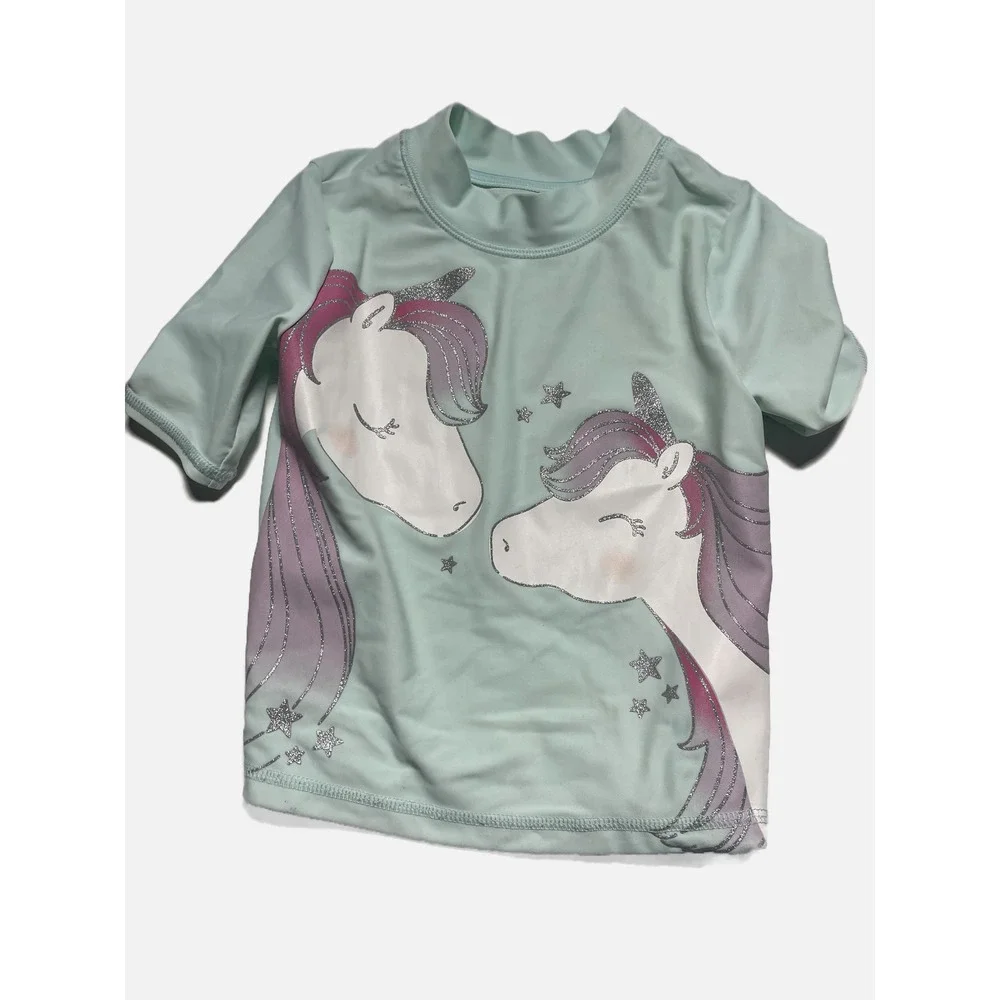 Carter's‎ Rash Guard Kids 5 Mint Green Unicorn Glitter Swim Shirt Beach Sun Wear